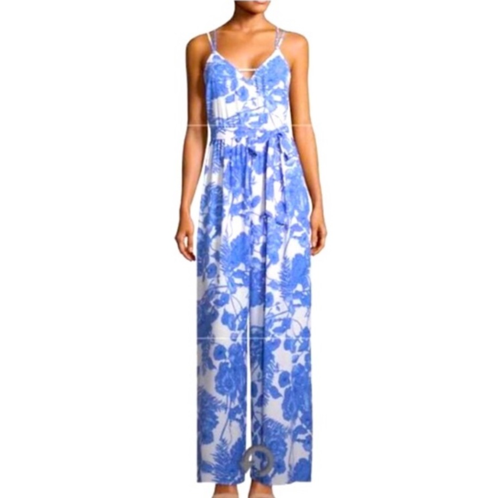 My Michelle Blue and White Linen Jumpsuit